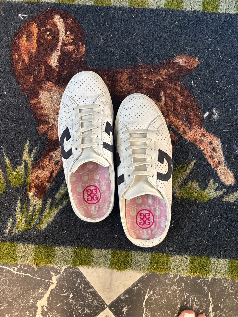 G/FORE White Leather Sneakers with Black Accents and Pink Insole - Picture 5 of 5